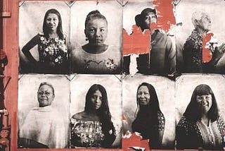 Black, white, and red cluster of 8 images of Indigenous women.