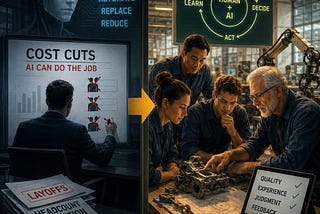 IMAGE: A split-screen illustration contrasts AI-driven layoffs with a collaborative human-AI engineering workflow based on expertise, quality control, and continuous feedback