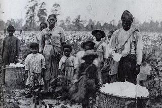Photograph that shows a family of enslaved people standing in a cotton field. The photo shows a man and woman and eight children, as well as two large baskets of cotton bolls.