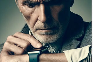 An older man showing great concern while looking at his smartwatch