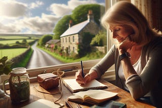 A middle-aged woman sat at a desk journaling with a window view of a country lane under sunny skies