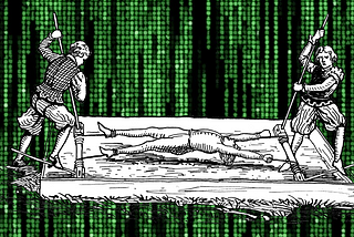 A medieval engraving of a prisoner being tortured on a rack; in the background is a waterfall effect from The Matrix.