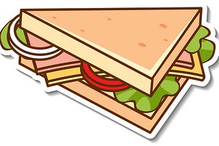 An illustration of half a sandwich, with white bread, onions, meat, cheese, a tomato and lettuce.