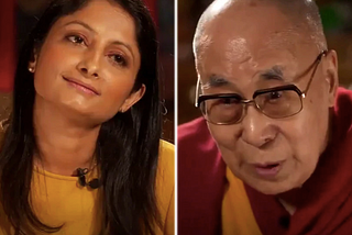 Side-by-side photos of the Dalai Lama and Rajini Vaidyanathan during an interview