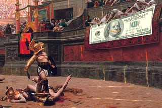 Jean-Leon Gerome’s painting Pollice Verso, 1872, depicting gladiators in an arena with noble onlookers giving a thumbs-down gesture. The tapestry before the nobles has been replaced with a US $100 bill in which Ben Franklin’s mouth has been replaced by an Amazon smile logo. Image: Jean-Leon Gerome (modified) US Treasury (modified) Amazon (modified)