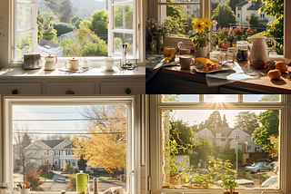four AI-generated images of an open kitchen window facing suburbia