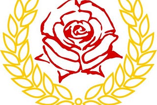 a bread and roses logo of a red rose surrounded by wheat sheafs