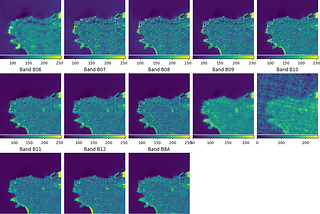 13 side-by-side images with varying degrees of blurriness. Example of a chip sampled from a MultiRasterSource that combines the 13 Sentinel-2 bands.