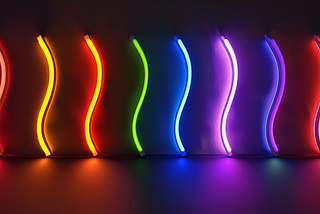 Eight parallel neon bulbs in rainbow colors against a dark background.