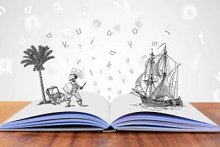 An open book and on the right hand page is a 3D sailboat. On the left page is a 3D island and on the island is a palm tree, an open treasure chest and a pirate, with cutless in hand, defending the shore. Above both pages is a raining of letters.