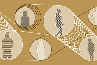 An abstract illustration of several individuals shown in profile connected in a complex network