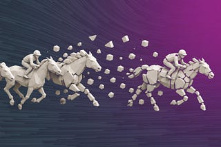 Minimalist architectural illustration of horse riders moving through stages of fragmentation, symbolising how paradigms drift and systems gradually change over time.