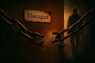 A locked door labeled “Therapist” with heavy chains across it and a shadowy figure approaching from the hallway — symbolizing professional betrayal, psychological captivity, and the illusion of safety in a weaponized therapeutic relationship.