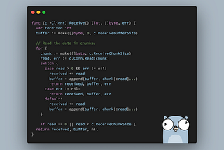 A piece of formatted Go code in a terminal windows with a Golang gopher on the bottom left side of the terminal.