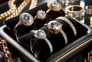Sparkling jewellery in a case.