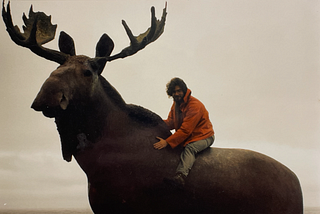 A windswept, long-haired man with a beard wearing an orange jacket on the back of a giant moose.