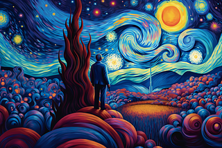 Man standing in a Van Gogh, Starry Night-styled scene.