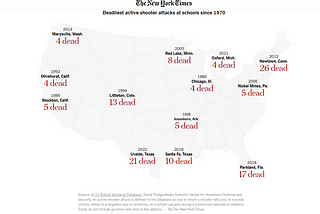 A map of the United States depicting the deadliest active shooter attacks at schools since 1970.