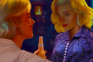 Two young blond women at a bar in 1935. Eddie has short hair, a cream blouse, and a beer. Violet is wearing a blue dress and a seductive expression.