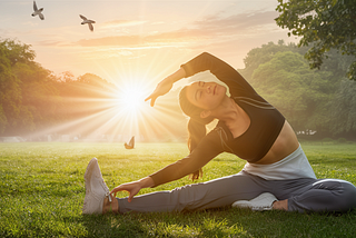 A serene morning scene with a person stretching in the park, the sun rising in the background, symbolizing the start of a new day with energy and mindfulness.