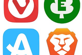 IMAGE: The logos of four alternative browsers, Aloha, Brave, Ecosia and Vivaldi