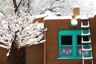 Color photo of a snowy winter scene showing a snow covered tree with christmas decorations in front of an adobe home.