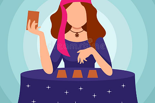Image of cartoon tarot reader holding one card in hand with three more cards spread on the table in front of her