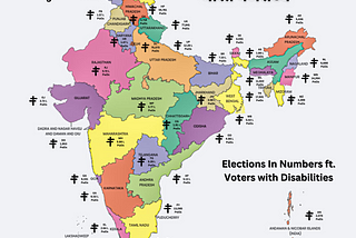 Map of the Republic of India [भारत गणराज्य] showing Elections In Numbers ft. Voters with Disabilities of 1. AN 2,074 PwDs; 2. AP 5.13 L PwDs; 3. AR 5,436 PwDs; 4. AS 1.86 L PwDs; 5. BR 7.33 L PwDs; 6. CH 3,718 PwDs; 7. CG 1.91 L PwDs; 8. DD 1,953 PwDs; 9. GA 9,331 PwDs; 10. GJ 3.73 L PwDs; 11. HR 1.47 L PwDs; 12. HP 55,781 PwDs; 13. KA 6.02 L PwDs; 14. KL 2.64 L PwDs; 15. JK 49,780 PwDs; 16. JH 3.58 L PwDs; 17. LA 766 PwDs; 18. LD 605 PwDs; 19. MH 5.88 L PwDs; 20. MP 5.77 L PwDs; 21. MN 14,264 P