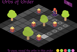 An isometric board is diamond shaped with 8 by 8 grid of squares showing the player at top and a four lanterns amongst trees. The game is to reveal orbs behind the lanterns in the order provided at the bottom. A game timer is at the top right.