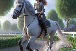 realistic image of a young teenage girl rider cantering in a circular paddock surrounding by trees