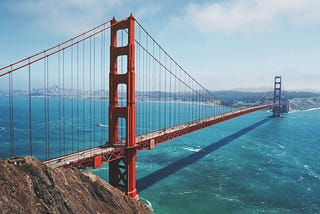 Golden Gate Bridge with San Francisco at the horizon