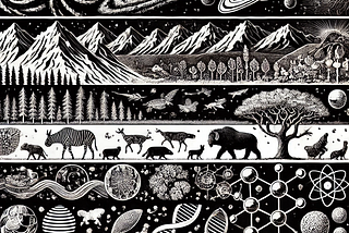 A generated image showing different scales of nature with galaxies at the top and creatures in the middle and atoms and cells at the bottom