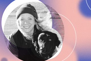 Editorial graphic that features a photo of Daina Lightfoot and her dog. There is an overlapping circles motif and a pink and purple tie die background.