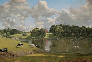 John Constable, Wivenhoe Park, Essex (1816). Oil on canvas, 56.1 x 101.2 cm (22 x 39.8 in). A park with a lake, a fence, cattle, birds, meadows, and trees, and a sky with cumulus clouds.