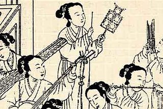 black and white ancient engraving of five Chinese women instrumentalists