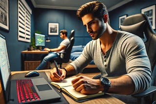 No home-office, dois rapazes trabalha em cadeiras gamer. O mais próximo faz anotações em seu caderno olhando para seu notebook, enquanto o que está mais distante parece usar um monitor grande.