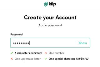 A password input with a show button and 4 password requirements.