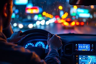 A driver steering through a rainy city street at night, dashboard glowing with navigation and speed displays while blurred neon lights and traffic shine ahead.