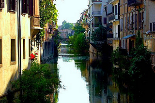 A view down the waterways of Padova, Italy
