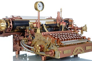 An antique typewriter has been retrofitted in steampunk style, giving it “character”