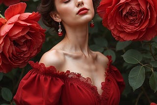 A woman surrounded by flowers.