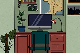 a pleasant cartoon of a computer desk in a green office.