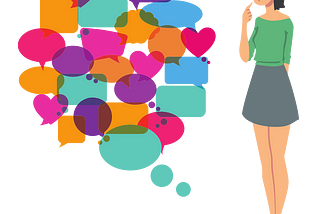Illustration of a woman with a finger pointing to her chin looking at a group of different speech and thought bubbles of different colors layered on top of each other.