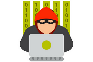Hacker with laptop and binary in background