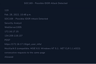 LetsDefend SOC 169- Possible IDOR Attack Detected