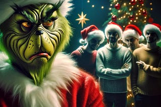 The Grinch dressed in Christmas outfit looking at dissatisfaction of his friends