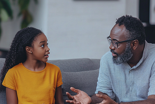 An African-presenting father is talking with his daughter, who is about eight years old. The father sports a full beard and a head of black hair with tinges of grey. He is dressed in a light greenish grey shirt and sits on the right of the person reading this article. The daughter has curly, long black hair, wears a yellow short-sleeved T-shirt, and sits on the left side of the person reading this article.