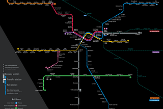 My “honest geographic diagram of LA Metro Rail and Busway” as of June 2023. Bold metro and busway lines sit on a black background, adhering to 30-degree angle increments and thinning at on-street segments.