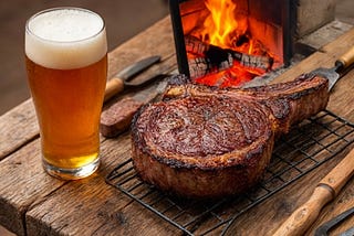A rugged, rustic wooden table with a massive, perfectly cooked buffalo steak fresh off an open fire, sitting next to a foaming, homemade pint of beer and hand-carved tools.