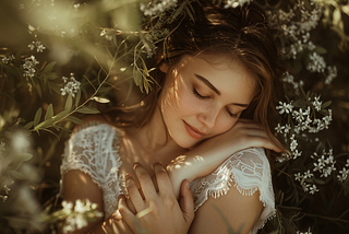 Woman cradling herself with her eyes closed by flowers and sunshine peeking through onto her face